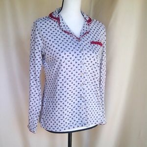 Retro Flower Print With Red Lace Trim Pajama Top